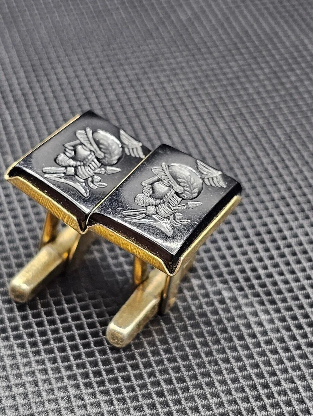 Vintage Black and Gold Cufflinks with Engraved Warrior Profile